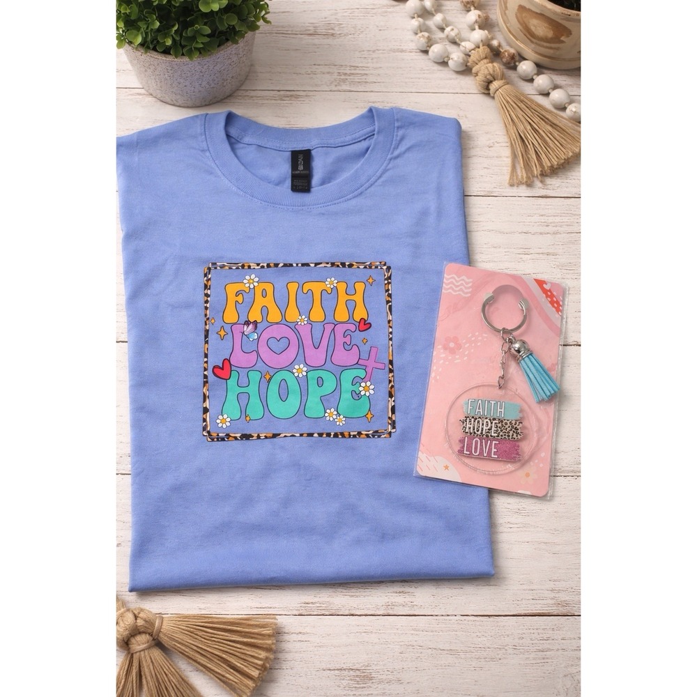 Christian Faith Love Hope T Shirt Large + Keychain Gift Set Religious Tee